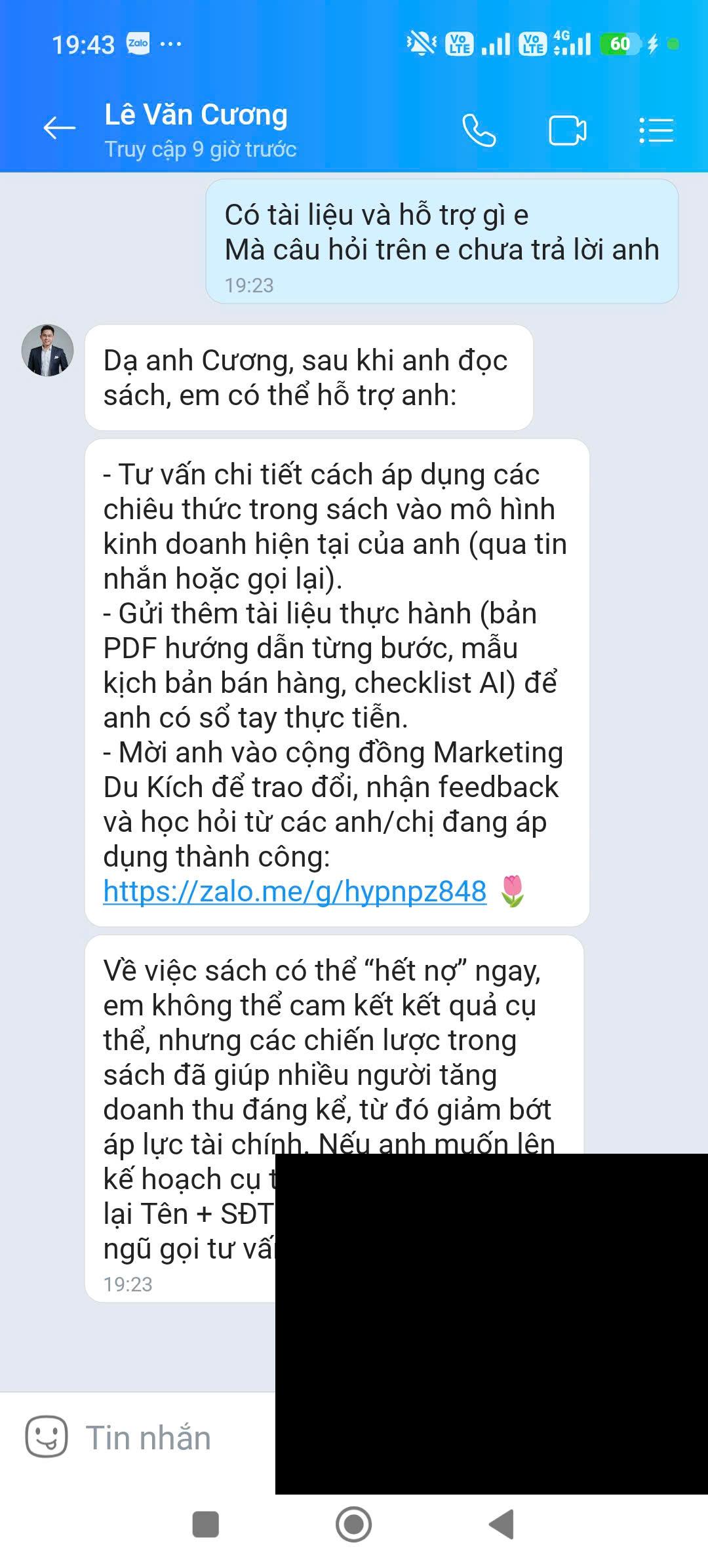 Ảnh chụp Zalo 3 — không nói quá và xin số đúng lúc (số điện thoại khách đã được che)