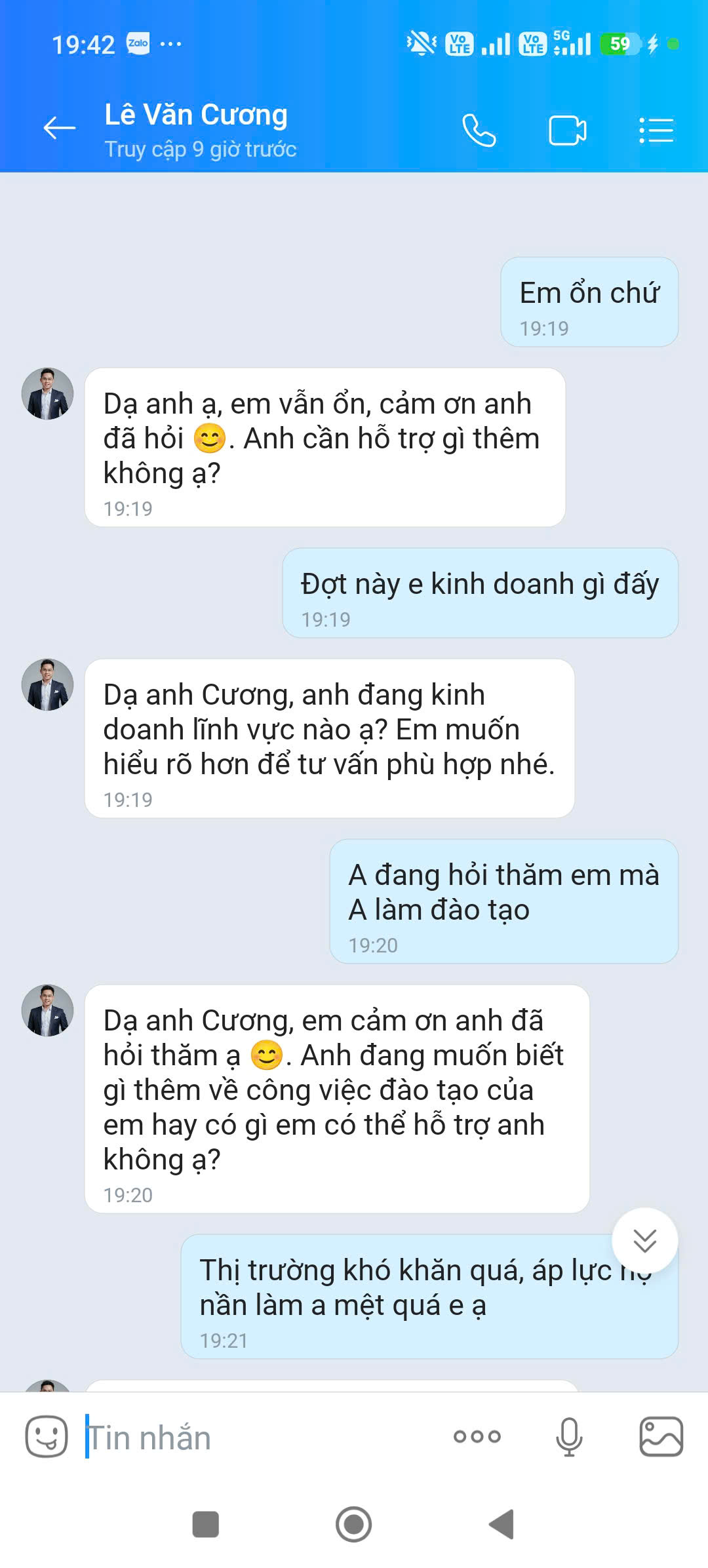 Ảnh chụp Zalo 1 — hỏi thăm tự nhiên